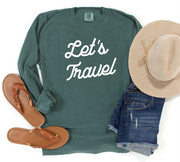 Let's Travel Comfort Color LS Tee paired with sandals, denim shorts, and a stylish hat for a trendy travel look.