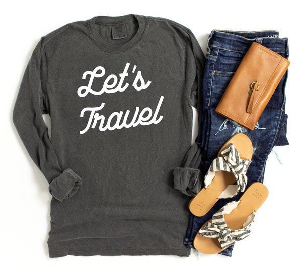 Let's Travel Comfort Color LS Tee displayed with jeans, sandals, and wallet, showcasing its comfortable style.