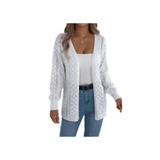 Openwork Knit Open-Front Cardigan – Lightweight Long Sleeve Layering Sweater in white, styled over a casual outfit.