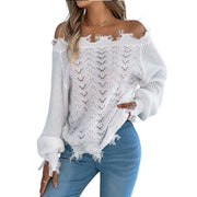 Distressed Hem Openwork Off-Shoulder Sweater – Relaxed Knit in white, featuring a slouchy fit and raw hems.