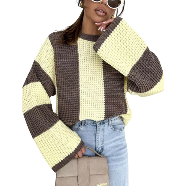 Cozy Color Block Oversized Sweater in yellow and brown, featuring a relaxed fit and wide sleeves, perfect for layering.
