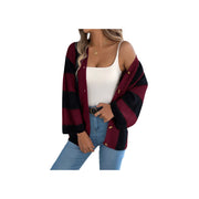 Cozy Color Block Button-Up Cardigan – Long Sleeve Knit Sweater styled with a white tank and jeans.