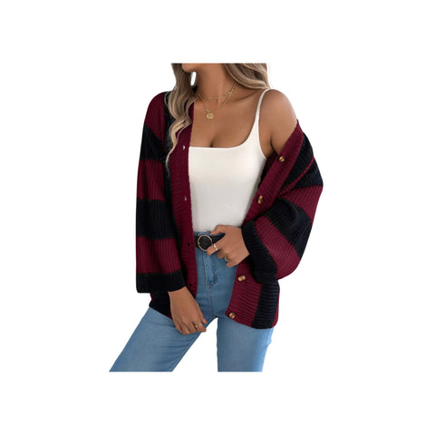 Cozy Color Block Button-Up Cardigan – Long Sleeve Knit Sweater styled with a white tank and jeans.