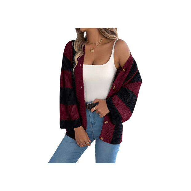 Cozy Color Block Button-Up Cardigan – Long Sleeve Knit Sweater styled with a white tank and jeans.