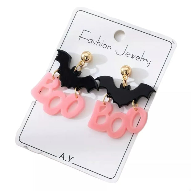 Halloween Bat “Boo” Dangle Earrings – Spooky Cute Statement Jewelry with bat charms and pink 'boo' lettering.