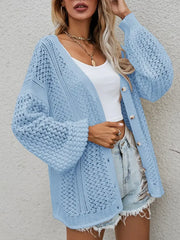 Openwork Button Front Cardigan in light blue, featuring openwork design and stylish button closure.