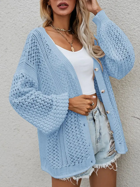 Openwork Button Front Cardigan in light blue, featuring openwork design and stylish button closure.