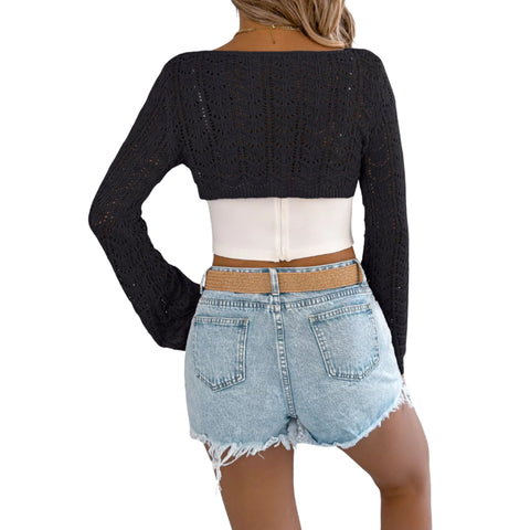 Openwork One-Shoulder Cutout Long Sleeve Sweater – Chic Knit Pullover Top styled with denim shorts from the back