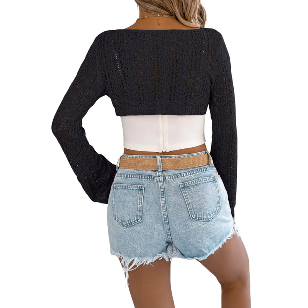 Openwork One-Shoulder Cutout Long Sleeve Sweater – Chic Knit Pullover Top styled with denim shorts from the back