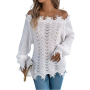 Distressed Hem Openwork Off-Shoulder Sweater – Relaxed Knit in white, featuring an open-knit design and frayed hem.