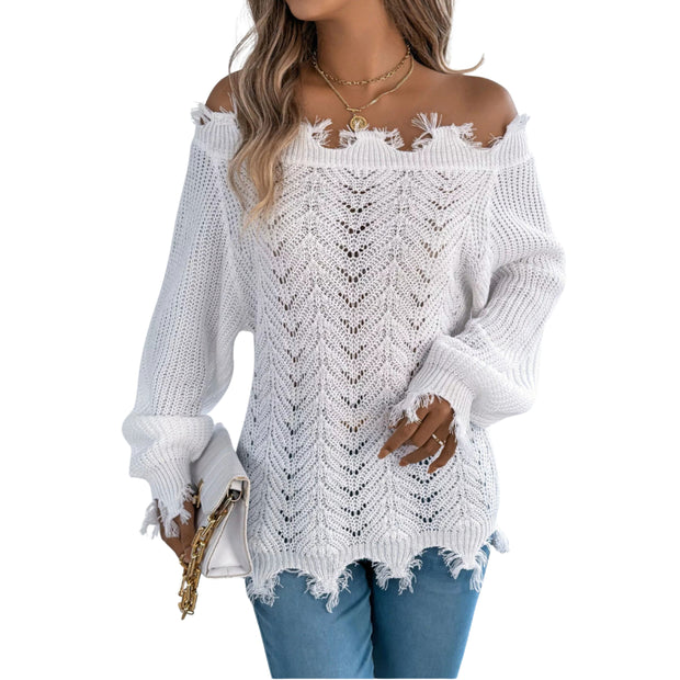Distressed Hem Openwork Off-Shoulder Sweater – Relaxed Knit in white, featuring an open-knit design and frayed hem.