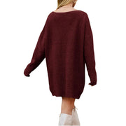 V-Neck Dropped Shoulder Sweater Dress – Cozy Knit Style, showing relaxed silhouette and dropped shoulders in a rich burgundy color.