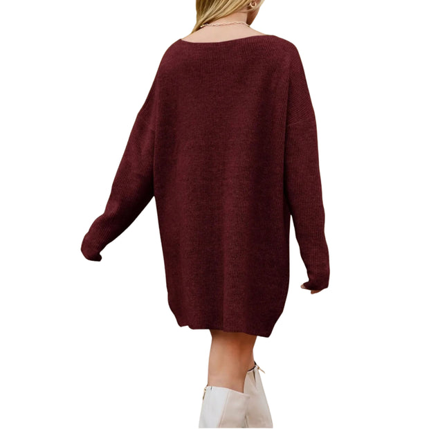 V-Neck Dropped Shoulder Sweater Dress – Cozy Knit Style, showing relaxed silhouette and dropped shoulders in a rich burgundy color.