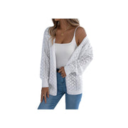 Openwork Knit Open-Front Cardigan – Lightweight Long Sleeve Layering Sweater styled over a white tank top.