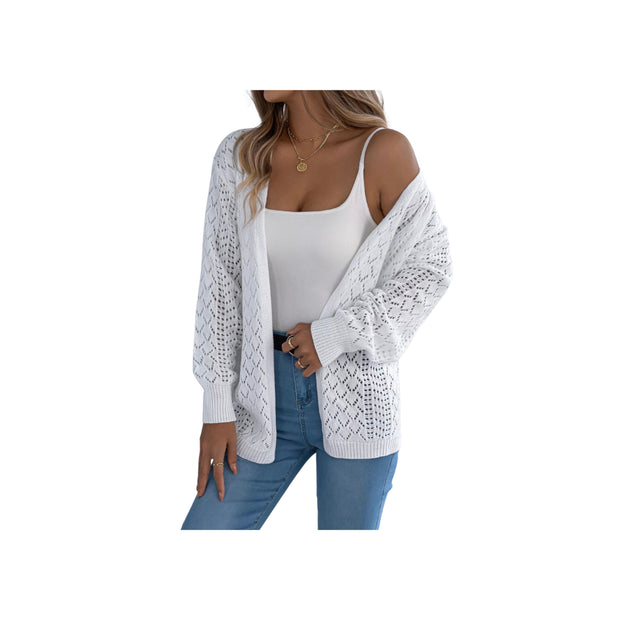 Openwork Knit Open-Front Cardigan – Lightweight Long Sleeve Layering Sweater styled over a white tank top.