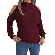 Cozy and stylish Cable Knit Cold Shoulder Turtleneck Sweater in burgundy with shoulder cutouts and ribbed texture.