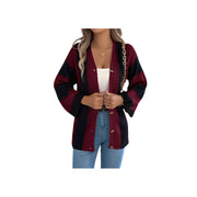 Cozy Color Block Button-Up Cardigan – Long Sleeve Knit Sweater with a stylish black and burgundy design.