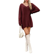 V-Neck Dropped Shoulder Sweater Dress – Cozy Knit Style in burgundy with relaxed fit and dropped shoulders.
