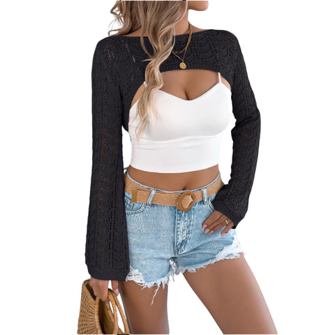 Openwork One-Shoulder Cutout Long Sleeve Sweater – Chic Knit Pullover Top styled with shorts and a white crop top.