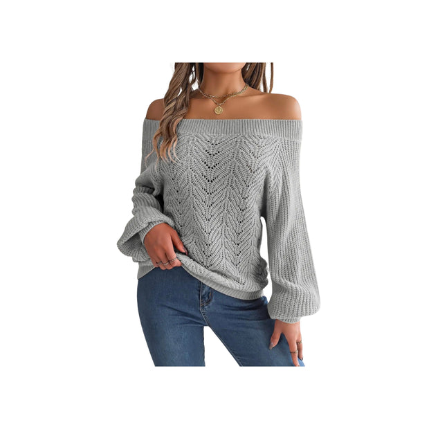 Trendy Openwork Off-Shoulder Knit Sweater – Cozy Fall Long Sleeve Top in light gray, styled for a chic casual look.