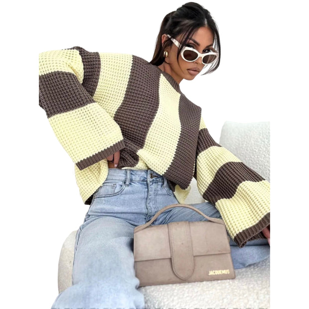 Cozy Color Block Oversized Sweater worn with jeans and a stylish bag, showcasing its relaxed fit and chic design.