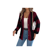 Cozy Color Block Button-Up Cardigan – Long Sleeve Knit Sweater in stylish outfit with denim, featuring button-up design.