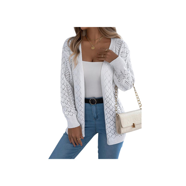 Openwork Knit Open-Front Cardigan – Lightweight Long Sleeve Layering Sweater worn over a casual outfit with accessories.