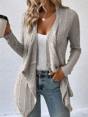 Open Front Long Sleeve Cardigan in gray, featuring a relaxed fit, paired with a casual outfit and coffee.