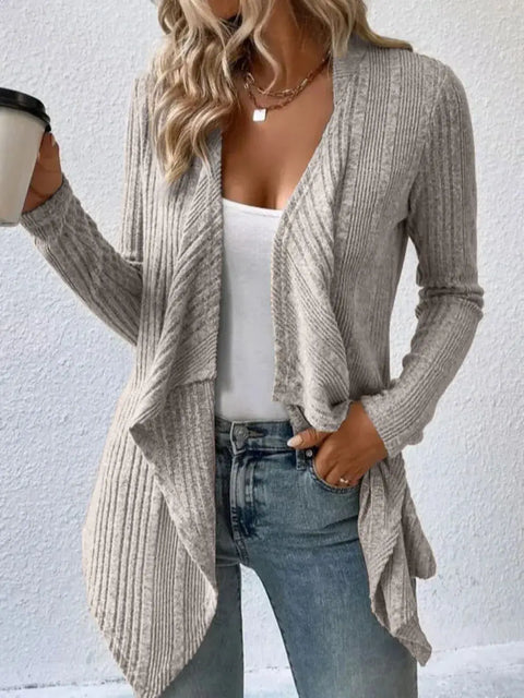 Open Front Long Sleeve Cardigan in gray, featuring a relaxed fit, paired with a casual outfit and coffee.
