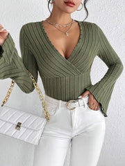 Ribbed Flare Sleeve Top in olive green, featuring ribbed sheer fabric and flared sleeves, styled with white jeans.