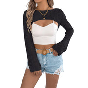 Openwork One-Shoulder Cutout Long Sleeve Sweater – Chic Knit Pullover Top worn with shorts and a tank top.