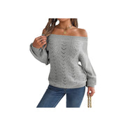 Trendy Openwork Off-Shoulder Knit Sweater – Cozy Fall Long Sleeve Top in gray, styled with jeans and layered for fall.