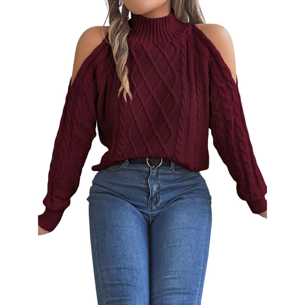 Cable Knit Cold Shoulder Turtleneck Sweater in burgundy with cold-shoulder cutouts and stylish cable-knit texture.