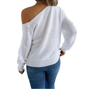 One-Shoulder Openwork Cutout Long Sleeve Sweater – Chic Knit Pullover showing the back view in white knit.