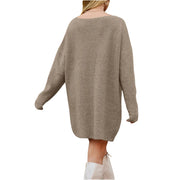 V-Neck Dropped Shoulder Sweater Dress – Cozy Knit Style showcasing the relaxed back view with dropped shoulders.