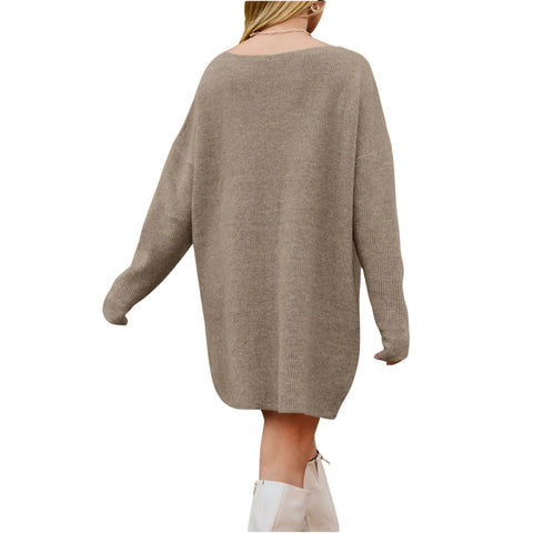 V-Neck Dropped Shoulder Sweater Dress – Cozy Knit Style showcasing the relaxed back view with dropped shoulders.