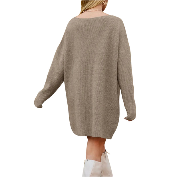 V-Neck Dropped Shoulder Sweater Dress – Cozy Knit Style showcasing the relaxed back view with dropped shoulders.