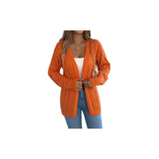 Openwork Knit Open-Front Cardigan – Lightweight Long Sleeve Layering Sweater in orange worn over a white top.