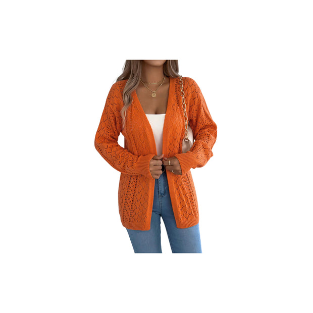 Openwork Knit Open-Front Cardigan – Lightweight Long Sleeve Layering Sweater in orange worn over a white top.