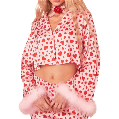 Heart Print Long Sleeve Button Top & Pants Lounge Set featuring a cropped button-front top and heart-patterned lounge pants.