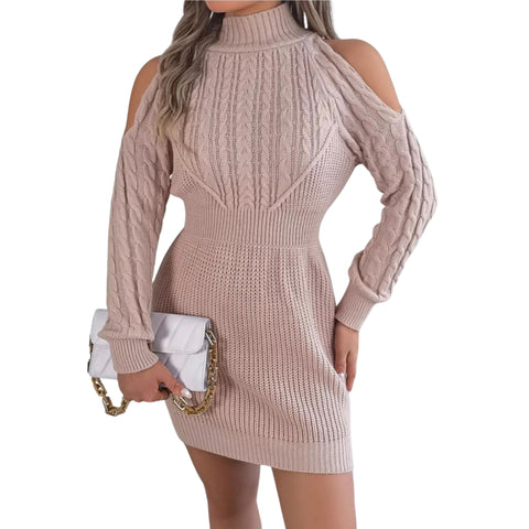 Cold Shoulder Cable Knit Turtleneck Sweater Dress – Long Sleeve Cutout Knit Dress