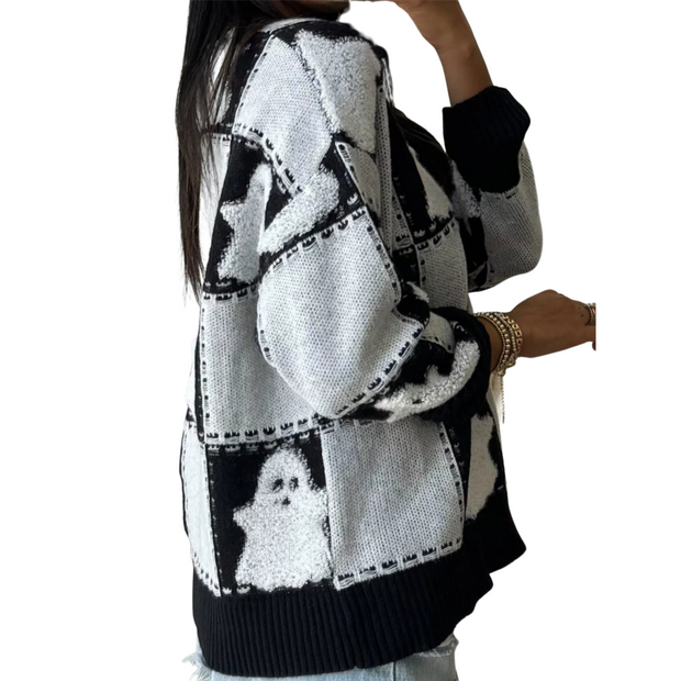 Halloween Ghost Checkered Drop-Shoulder Sweater shown in black and white with ghost pattern, perfect for autumn layering.