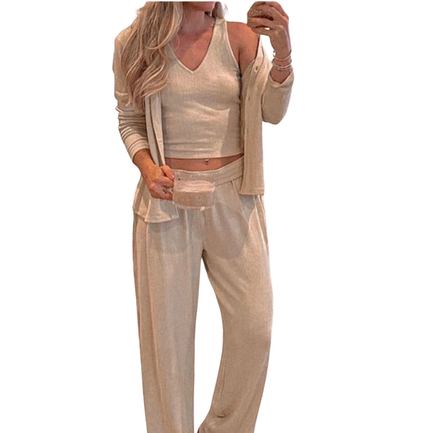 Three-Piece V-Neck Tank, Open Front Cardigan & Pants Lounge Set in soft beige fabric, styled for casual comfort.
