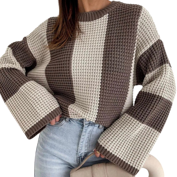 Cozy Color Block Oversized Sweater in brown and cream with relaxed fit and wide sleeves