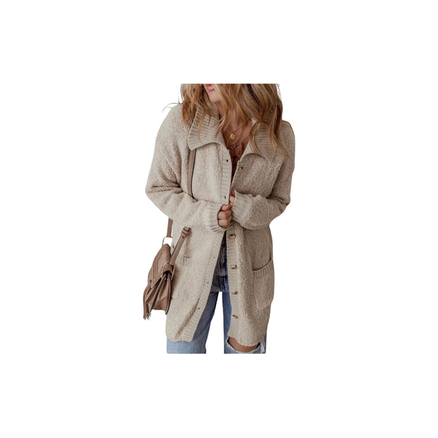 Cozy Button-Up Cardigan with Pockets – Long Sleeve Knit Sweater worn by model, featuring practical pockets and button-front design.
