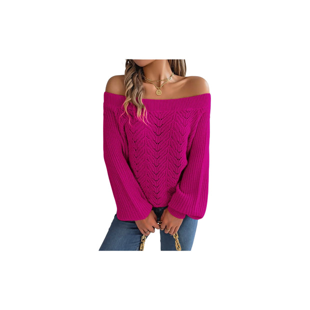 Trendy Openwork Off-Shoulder Knit Sweater – Cozy Fall Long Sleeve Top in vibrant pink color with off-shoulder design.