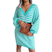 Striped Ribbed V-Neck Sweater Dress – Long Sleeve Knit in teal, featuring a V-neckline and oversized sleeves.