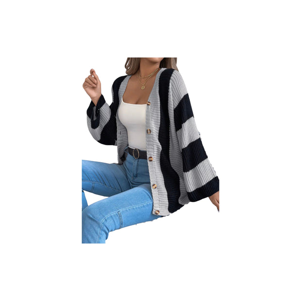 Cozy Color Block Button-Up Cardigan – Long Sleeve Knit Sweater worn by a model, featuring stylish color block design.