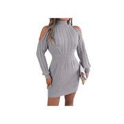 Cold Shoulder Cable Knit Turtleneck Sweater Dress – Long Sleeve Cutout Knit Dress in gray with stylish shoulder cutouts.