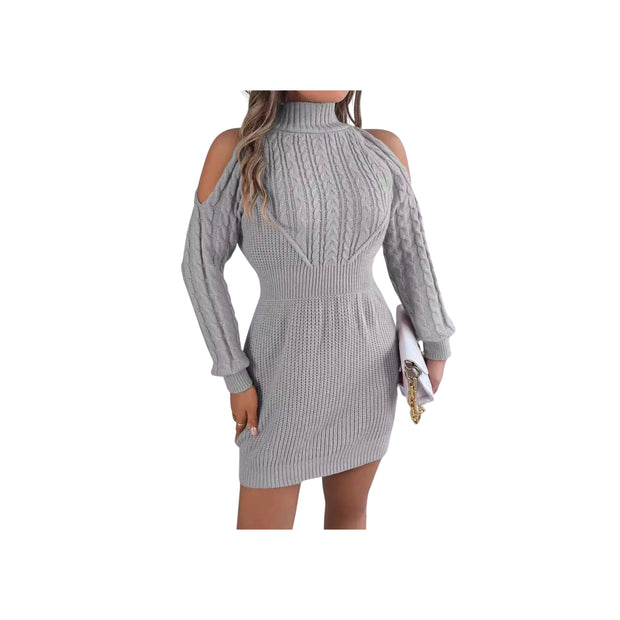 Cold Shoulder Cable Knit Turtleneck Sweater Dress – Long Sleeve Cutout Knit Dress in gray with stylish shoulder cutouts.